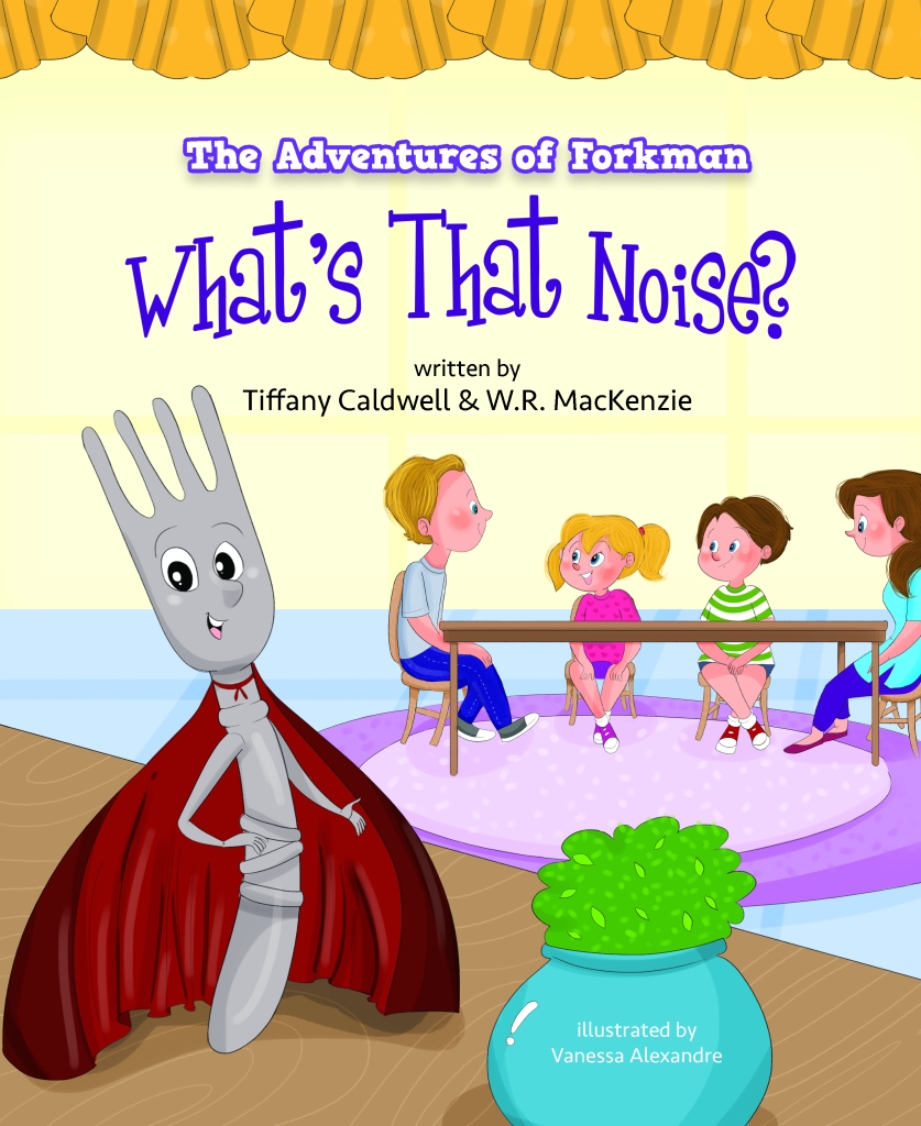 Book Cover with superhero fork and family at table